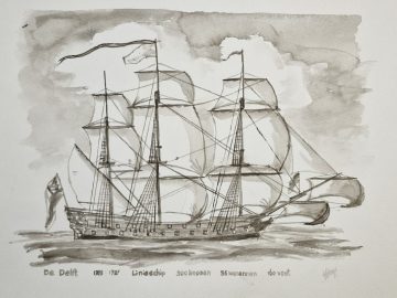 Linieschip De Delft aquarel sepia 30x24 cm, 3